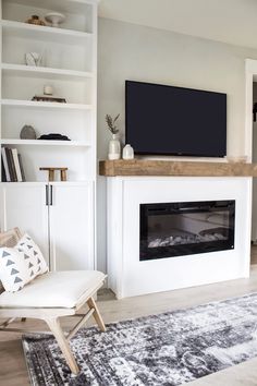 a living room with a white fireplace and bookcases on either side, television above the fire place