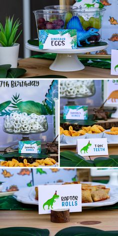 a dinosaur birthday party with food and desserts