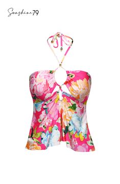 Drenched in vibrant energy, this bandeau tankini top by Sunshine 79 features a bold hot pink floral print that radiates an atmosphere of tropical exuberance. Offering two looks in one glamorous design, this bandeau features an adjustable strap that ties around your neck for another look. Removable cups and a keyhole front ensure a comfortable and confident fit. [split] Details Bandeau tankini top Keyhole front Ties at neck Removable cups Adjustable straps Fabric 83% Nylon, 17% Lycra Elastane Beachy Dresses, Bandeau Tankini Top, Tropical Outfit, Bandeau Tankini, Hot Pink Floral, Swimsuit Material, Halter Tankini, Cruise Outfits, Cute Bathing Suits