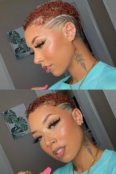 Cute Haircut For Black Women, Black Women Taper Fade Haircut, Dyed Fade Haircut Black Women, Womens Natural Fade Haircut, Faded Women Haircut, Black Women Short Haircut Fade Designs, Design Haircuts Women, Pixie Haircut Fade, Fade Hairstyles For Black Women