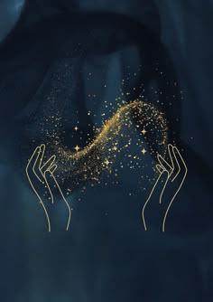 two hands with gold glitter on their fingers in front of a blue background that has stars coming out of them