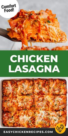 chicken lasagna recipe in a casserole dish with the title, easy chicken lasagna