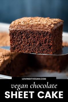 chocolate sheet cake on a plate with a fork