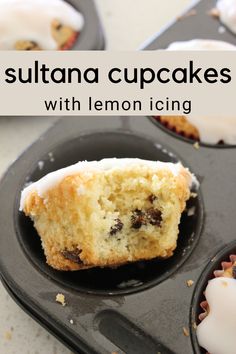 muffins with lemon icing in a muffin pan