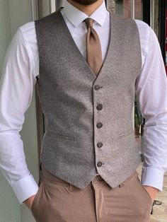 Spring Vest Outfits, Mens Vest Coat, Grant Beige, Mens Vest Fashion, Chaleco Casual, Wool Waistcoat, Brown Vest, Suits Clothing, Mens Fashion Casual Outfits