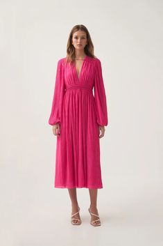 Genevieve Pleated Midi Dress | Azalea Pink | Aje – Aje ROW Knee-length Midi Dress With Gathered Sleeves For Cocktail, Chic Knee-length V-neck Dress With Gathered Sleeves, Cocktail Midi Dress With Gathered Sleeves, Chic Cocktail Midi Dress With Elastic Sleeves, Cocktail Knee-length Dress With Elastic Sleeves, Cocktail Midi Dress With Pleated Sleeves, Cocktail V-neck Dress With Elastic Sleeves, Chic Long Sleeve Maxi Dress With Gathered Waist, Formal Midi Dress With Elastic Sleeves