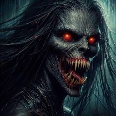 an evil demon with red eyes and long hair