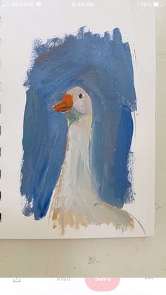 a drawing of a duck in blue and white with an orange beak on it's head