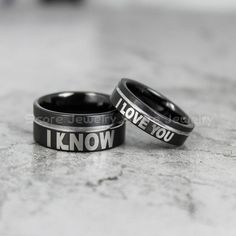 Star Wars Rings, Star Wars Jewelry, I Love You I Know Rings, 2 Piece Couple Set Star Wars Rings, Star Wars Wedding Bands, Matching I Love You I Know Rings, Black Wedding Rings, Black Tungsten Bands, Star Wars Wedding Bands Star Wars Wedding Band, Star Wars Rings, Ring Basketball, Wedding Rings Black, Wedding Bands Matching, Football Rings, Star Wars Ring, Rings Star, Baseball Ring