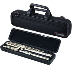 a black case with silver flute parts in it's side and the lid open