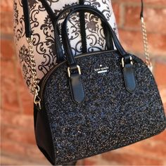 Has Hardly Been Used. In Almost Brand New Condition. No Tags Or Dust Bag. Size 7.4h X 9.5"W X 3.9"D Drop Length: 3" Handheld Total Adjustable Strap Length: 44" Material Made With Rock Glitter With Caviar Pebbled Leather Trim Capital Kate Jacquard Lining Style # Wkru5628 Details Satchel With Zipper Closure Interior Zipper Pocket Removable Shoulder Strap Kate Spade New York Floating Signature Color: Black Luxury Black Sequined Bags, Elegant Kate Spade Glitter Bags, Kate Spade Crossbody Party Bag, Kate Spade Crossbody Bag For Party, Kate Spade Black Party Bag, Luxury Glitter Bags For Everyday Use, Glitter Bag, Leather Trim, Kate Spade New York