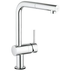 a chrome faucet with two handles and nozzles