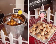 there are two pictures of different foods on the table and one is in a bucket