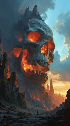 a painting of a skull with flames coming out of it's mouth in the sky