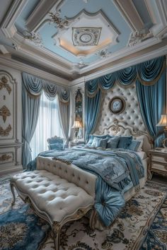 a fancy bedroom with blue and white decor