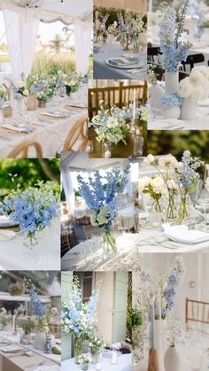 a collage of photos with blue and white flowers in vases on the table