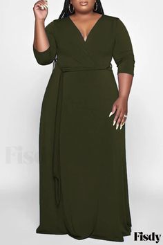 Fisdy - Vestido largo con cuello en V en color verde militar de moda casual y básico - un básico con estilo en tu armario V Neck Long Dress, Style Vert, Purple Fashion Casual, Long Dress Plus Size, Style Bleu, Long Green Dress, Plus Size Belts, Sukienki Plus Size, Vestido Plus Size