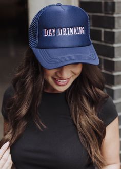 Navy trucker hat Light pink "Day Drinking" embroidered on the front Adjustable snapback closure Breathable mesh on the back Navy Day, Day With Friends, Women Trucker, Knitted Hats Kids, Knit Hat For Men, Hat Day, Hat Light, Pink Day, Day Drinking