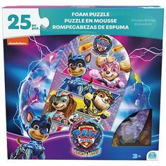 the paw patrol puzzle is on display in front of a purple background with lightnings