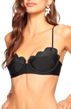 Scalloped edges give a smooth look to this classic underwire bikini top designed with slender straps. Clasps at back Adjustable straps 82% nylon, 18% spandex Hand wash, line dry Imported Ramy Brook, Scalloped Edges, Adjustable Straps, Tops Designs, Hand Wash, Nordstrom, Spandex, Black