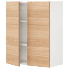 an open cabinet with two doors and shelves on each side, in white and light wood