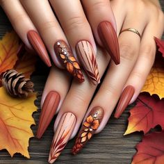 Discover our Nail Art Nail Wrap Designs Collection - Unleash Your Creativity! Elevate your nail game with our extensive range of artistic and trendy wraps. Long Halloween Nail Designs, Autumn Leaves Nail Designs, Pumpkin Design Nails, Nov Nail Designs, Fall Maroon Nails Design, Burgundy And Orange Nails, Winery Nails, Autumn Nail Designs 2024, Fox Nails Designs