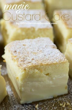 a close up of some cake on a plate with the words custard cake