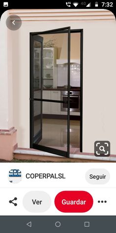 an open glass door in the middle of a room with white walls and tile flooring