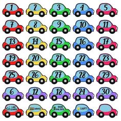 an image of cars with numbers for each car in the same color and number on one side