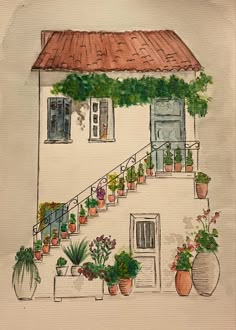 a painting of a house with potted plants on the front and stairs leading up to it