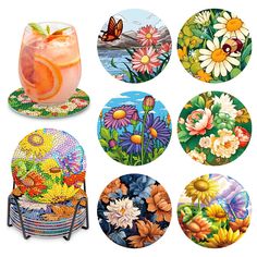 a bunch of plates that have flowers and butterflies on them with drinks in the middle