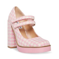 TWICE Pink/White Platform Mary Jane Block Heel | Women's Heels – Steve Madden Blush Outfit, Twice Pink, Steve Madden Store, White Platform, Platform Mary Janes, White Pumps, White Houndstooth, Shoe Boutique, Steve Madden Shoes