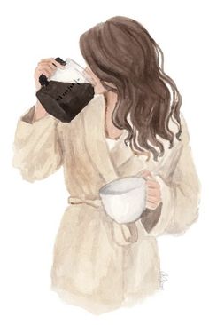 a watercolor painting of a woman drinking from a cup