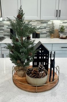 a small pine tree in a pot on a tray with utensils and other decorations