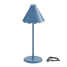 a blue lamp sitting on top of a table next to a charger