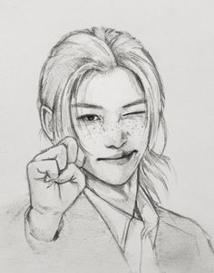 a pencil drawing of a girl with freckles on her face and hands to her ear