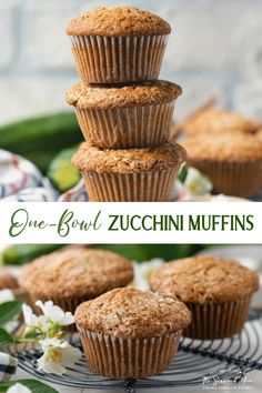 three muffins stacked on top of each other with the words one - bowl zucchini muffins above them