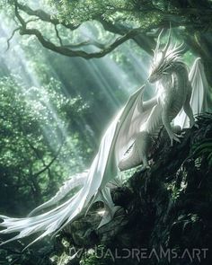 a white dragon sitting on top of a tree