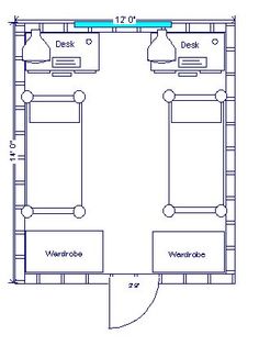 the floor plan for an office with two desks