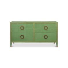 a green dresser with two drawers and gold handles