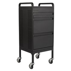 a black cart with three drawers and wheels on the bottom, is shown in front of a white background