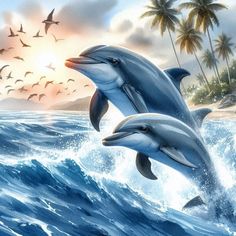 two dolphins jumping out of the water with palm trees in the background and birds flying overhead