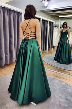 Prom Dresses Open Back, Satin Long Prom Dress, Satin Prom Dresses, A Line Evening Dress, Green Prom Dress, Satin Prom Dress, Green Satin, Long Prom Dress, Formal Evening Dresses