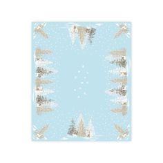 a blue and gold square scarf with trees in the snow on it's edges