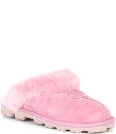 From UGG &#x2C; the Coquette Suede Cold Weather Slippers feature:17 mm Twinface sheepskin upperslip-on constructionartificially dyed and treated real sheepskin from sheep or lamb (Australia&#x2C; European Union or United States)high-quality plush fleece lining for comfort and warmthheat-embossed logo patchbutt-seam detail17mm to sheepskin cuffTreadlite by UGG  outsole for comfortImported. Ugg Coquette Slippers, Pink Vibe, Cute Uggs, Ugg Coquette, Pink Uggs, Comfy Slippers, Pink Slippers, Suede Slippers, Pink Vibes