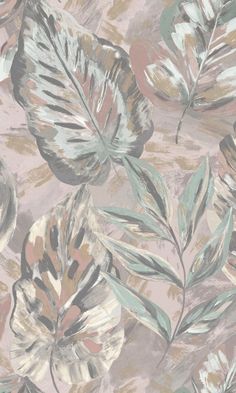 an abstract floral wallpaper with leaves and flowers in pink, green, beige and grey colors