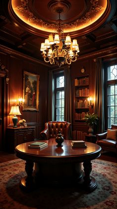 a living room filled with lots of furniture and a chandelier above the table