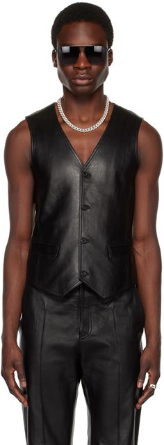 Buffed nappa lambskin vest. · Y-neck · Button closure · Welt pockets · Asymmetric hem · Satin lining Supplier color: Black Leather Vest Outfit Men, Leather Vest Outfit, Vest Outfits Men, Waistcoat Outfit, Cowboy Carter, Mens Vest Fashion, Leather Waistcoat, Black Leather Vest, Faux Leather Vest