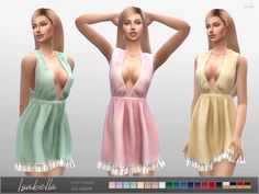 three different colored dresses are shown in the image, one is wearing a halter top and