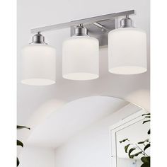 three light bathroom fixture with frosted glass shades on the ceiling and mirror behind it